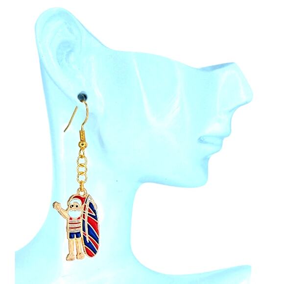Surfing Santa Earrings | Beach Christmas Jewelry | Tropical Holiday Dangle - Picture 2 of 4